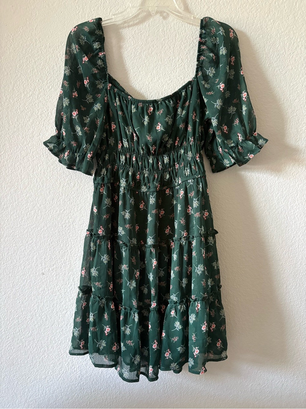 Trixxi Dark Green Floral Puff-Sleeve Tiered Mini Dress